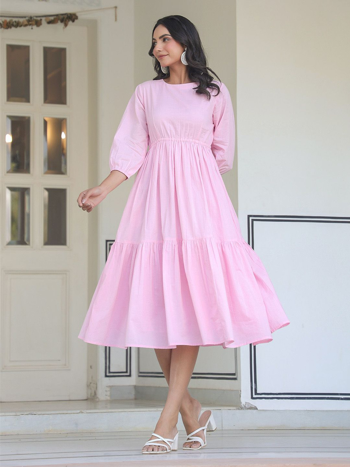 Image of Janasya Women Tiered Pink Midi /Calf Length Dress