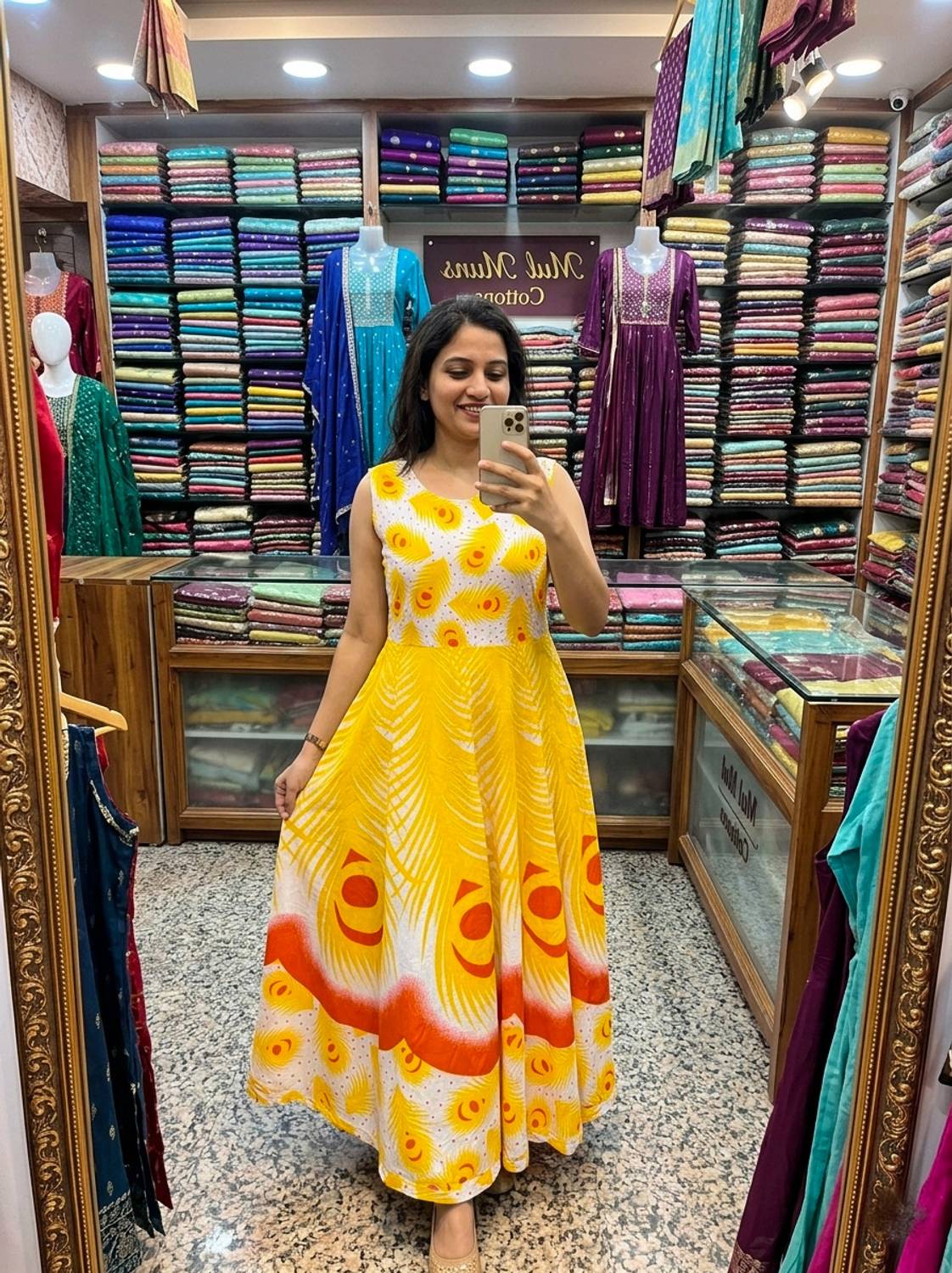 AVKIA Women Fit and Flare Yellow, Orange Maxi/Full Length Dress
