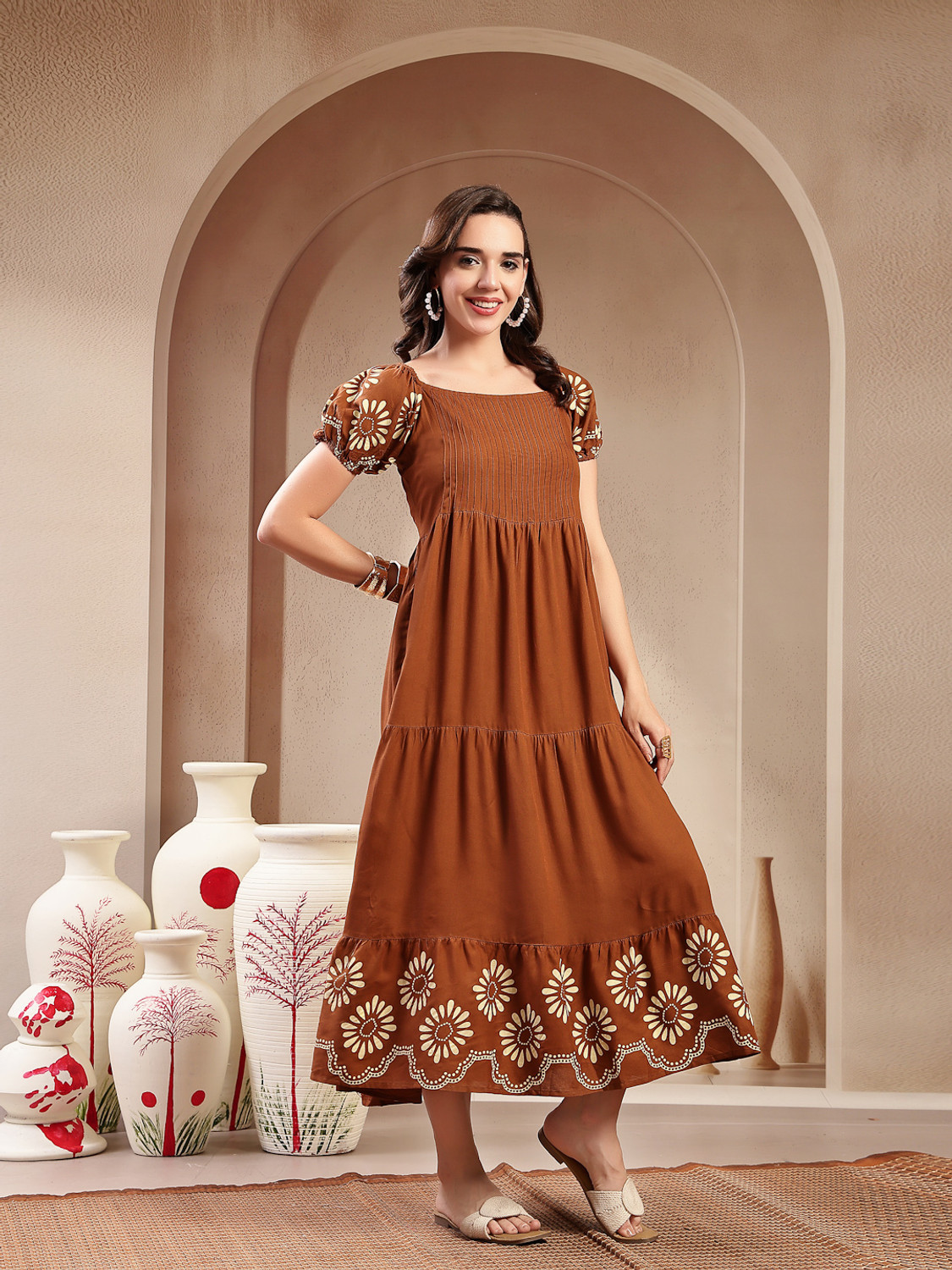 Image of Stylum Women Tiered Brown Maxi /Full Length Dress