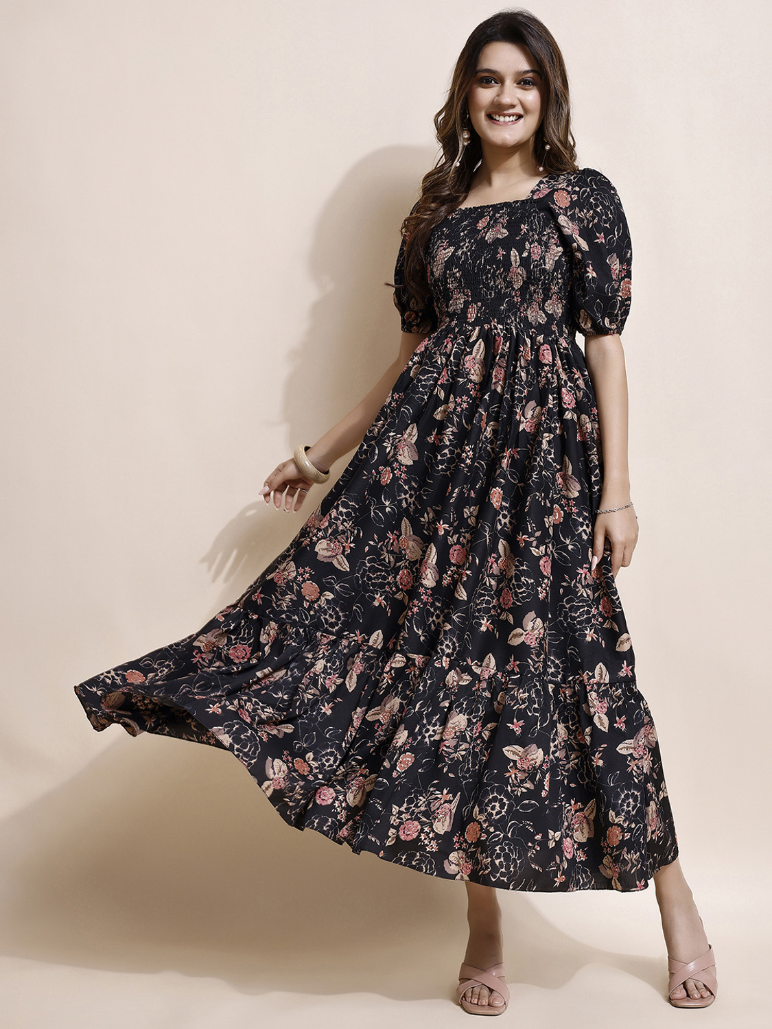Image of PAHELIKA Women Tiered Black Ankle Length Dress