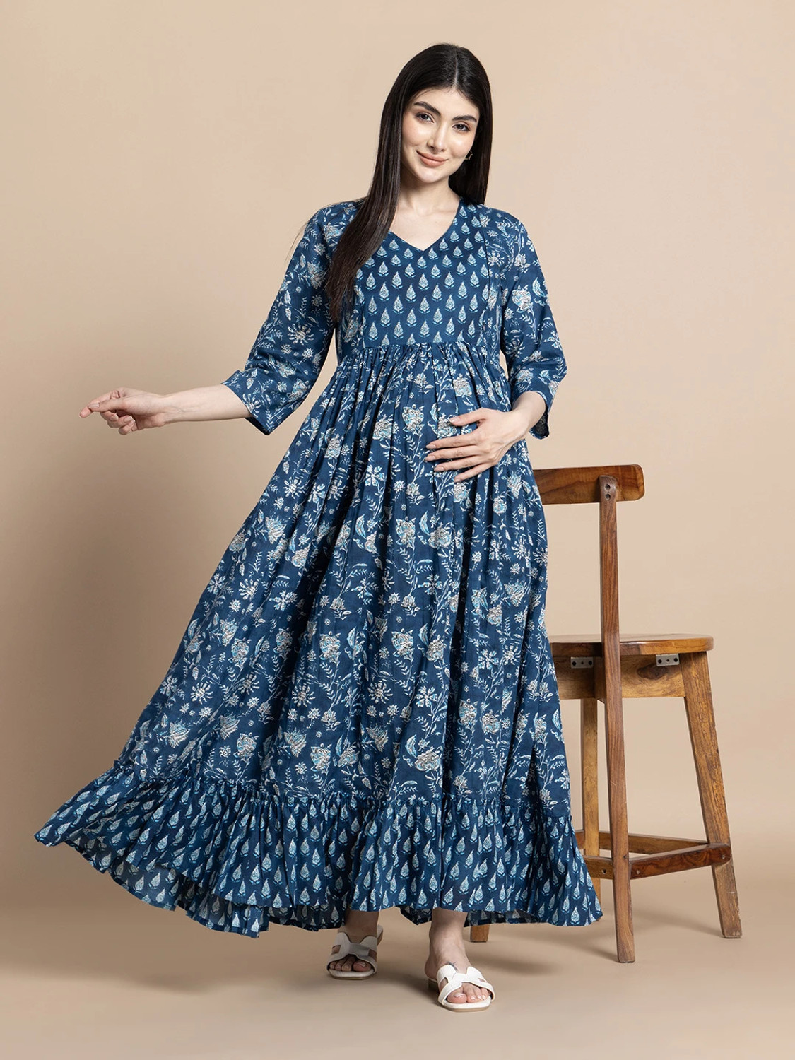 Image of Gulabi Jaipur Women Fit and Flare Blue, White Maxi /Full Length Dress