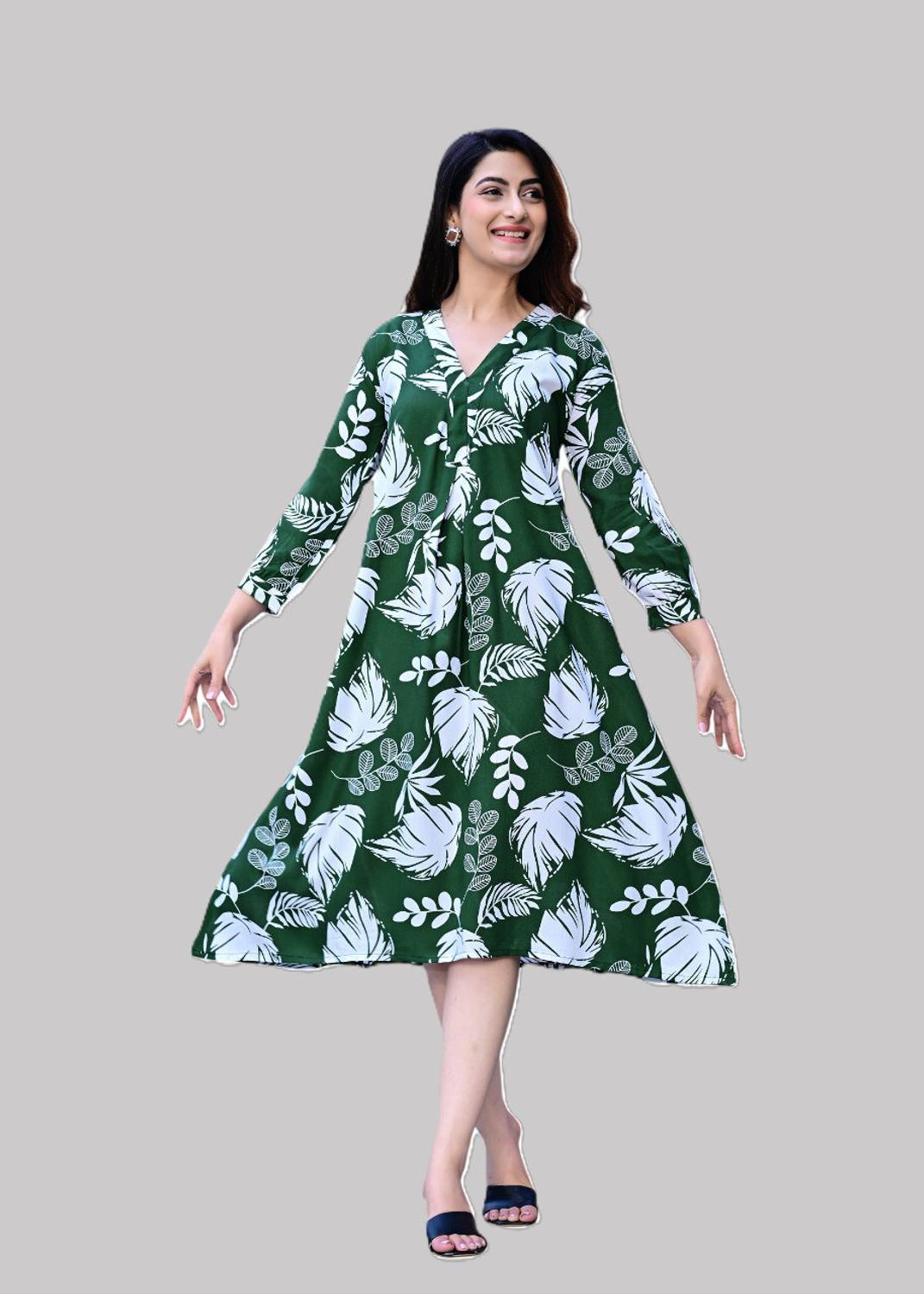 Bhagyesh Fashion Women A-line Green Midi/Calf Length Dress