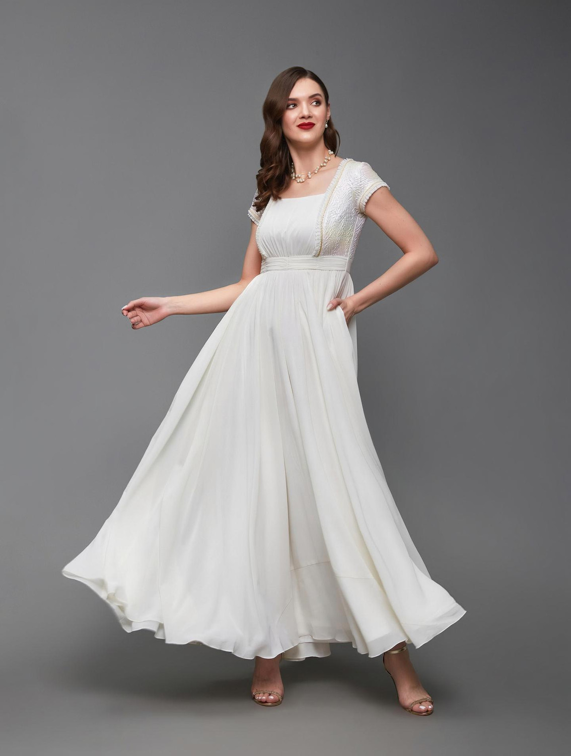 Image of Miss Chase Women Gathered White Maxi /Full Length Dress