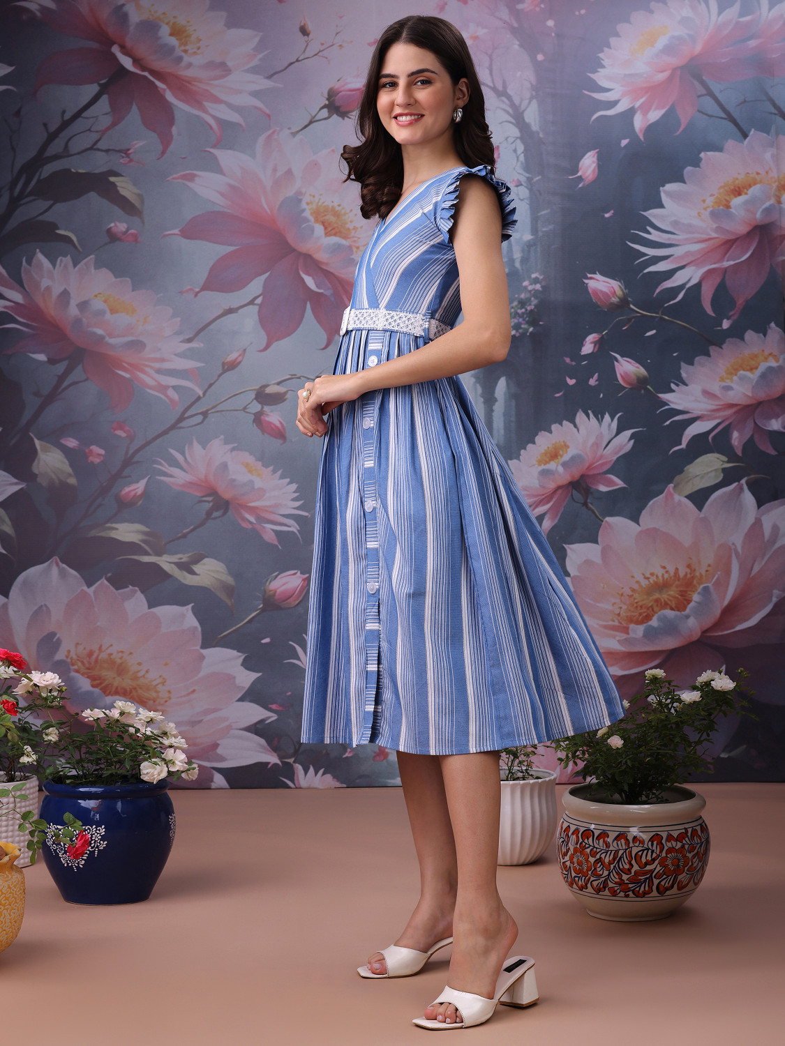 Image of Yanamora Women Fit and Flare Light Blue Midi /Calf Length Dress