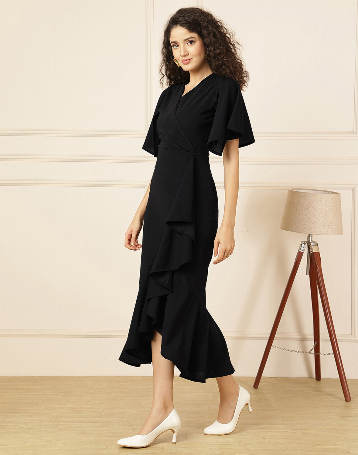 Image of Selvia Women Asymmetric Black Midi /Calf Length Dress