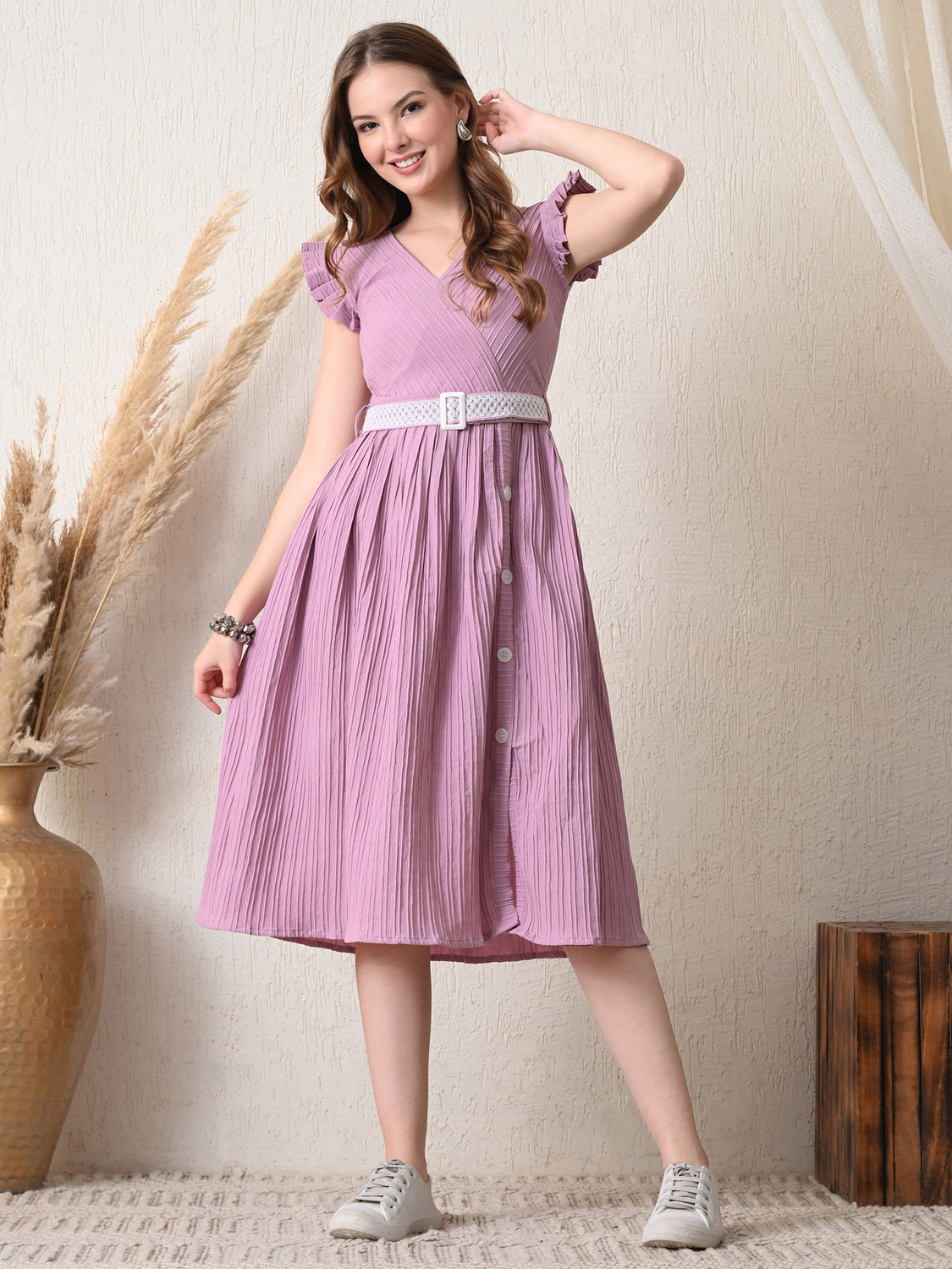 Image of TextileNow Women Fit and Flare Purple Knee Length Dress
