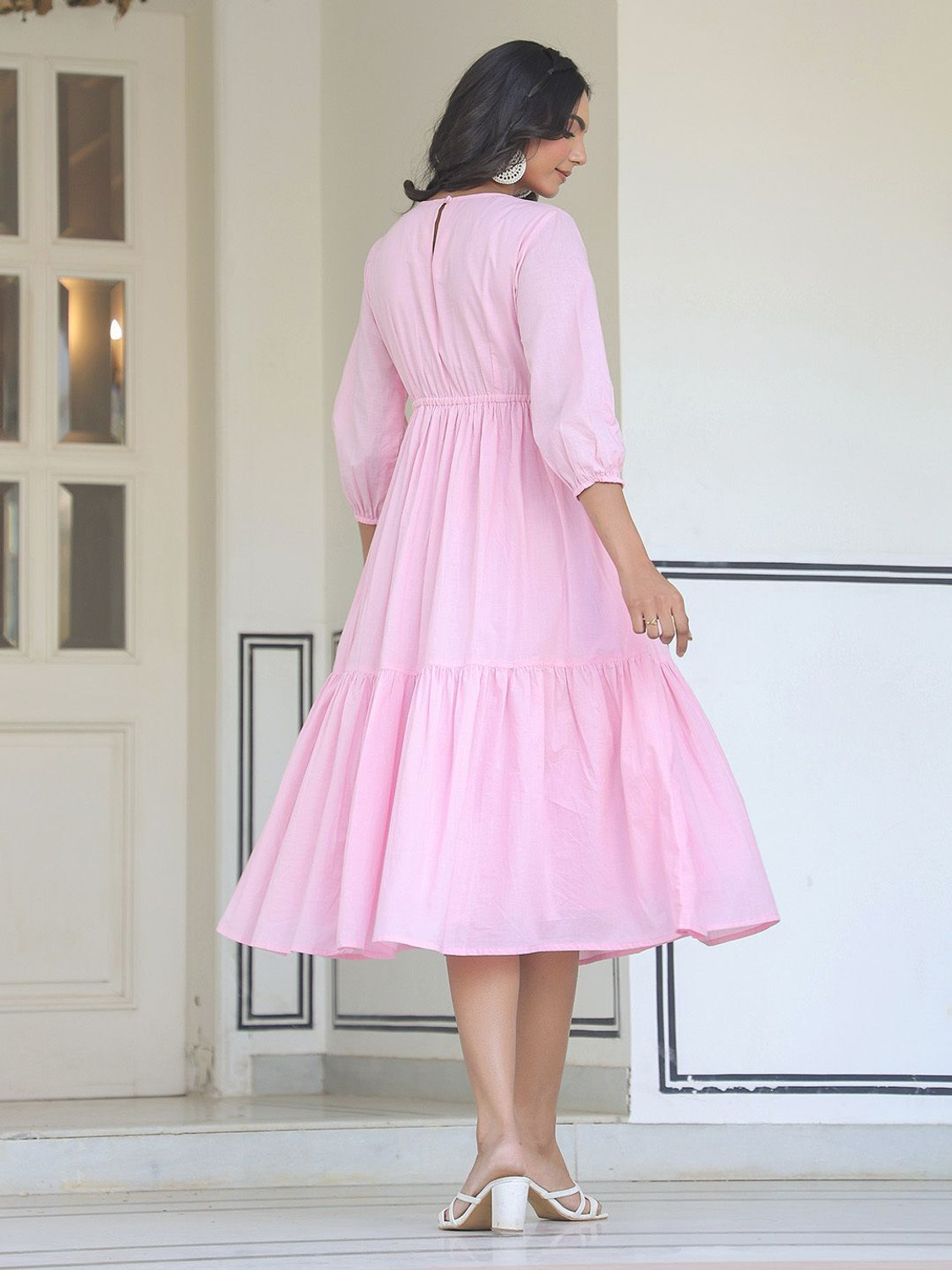 Image of Janasya Women Tiered Pink Midi /Calf Length Dress