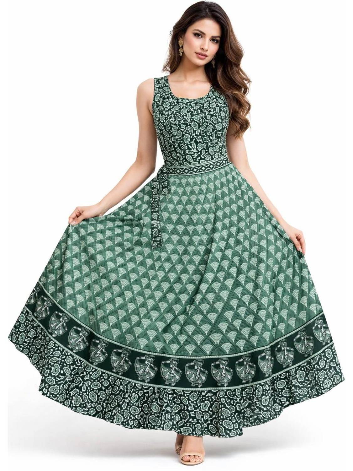 AALIVAAS Women Fit and Flare Green Maxi/Full Length Dress