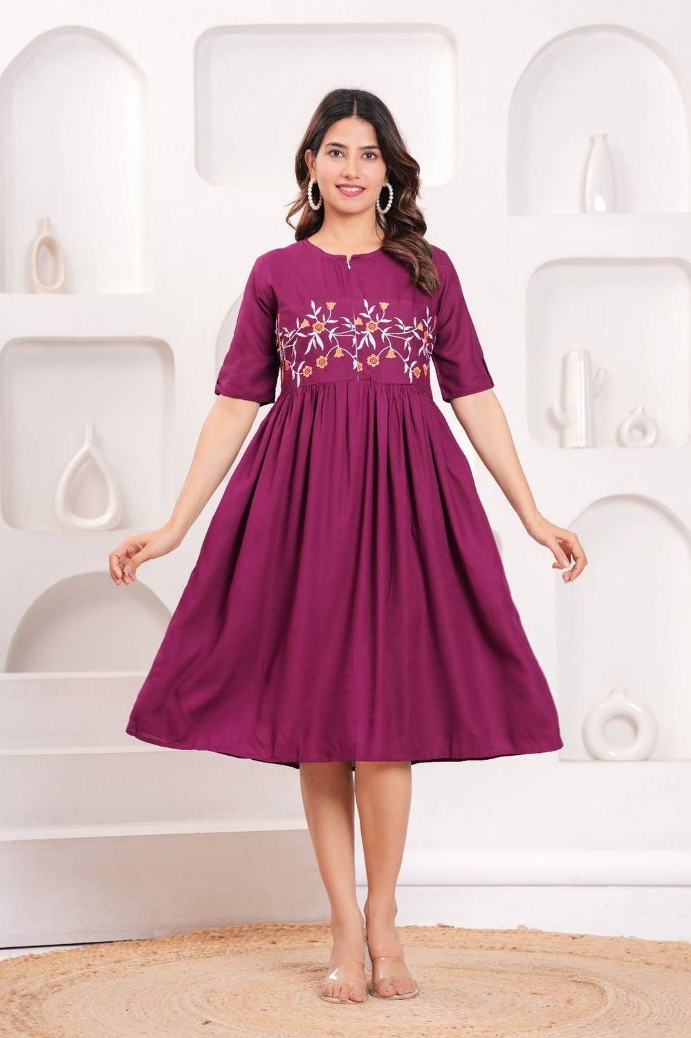 BABLIFASHION Women Fit and Flare Maroon Below Knee Dress