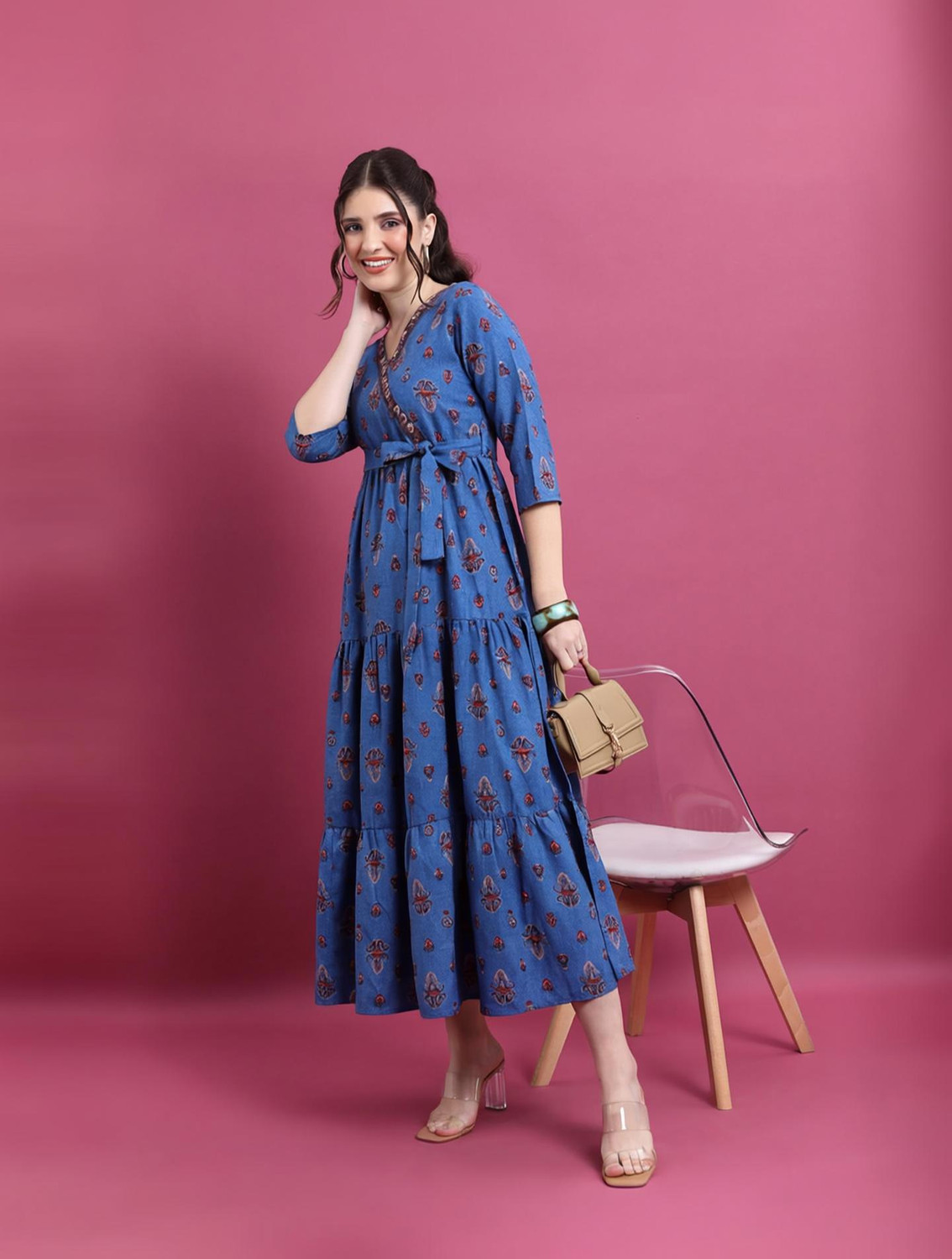Image of Vishudh Women Maxi Blue, Red, Grey Full Length Dress