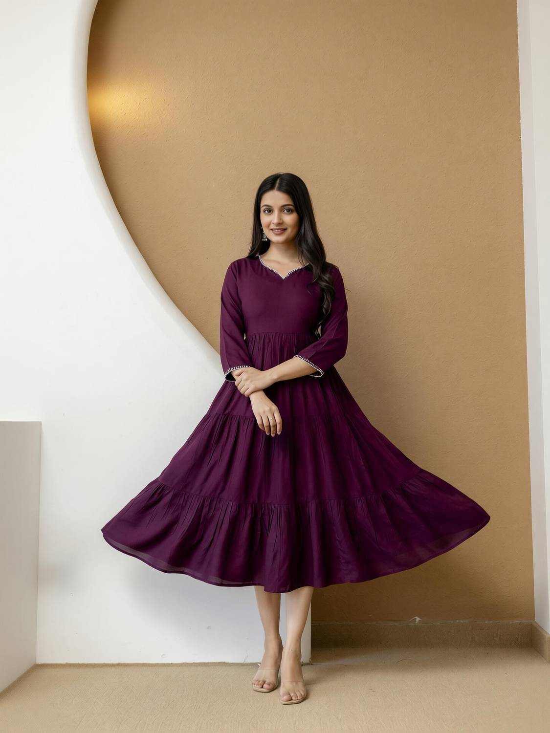 Aloan Beauty Women Fit and Flare Maroon Below Knee Dress