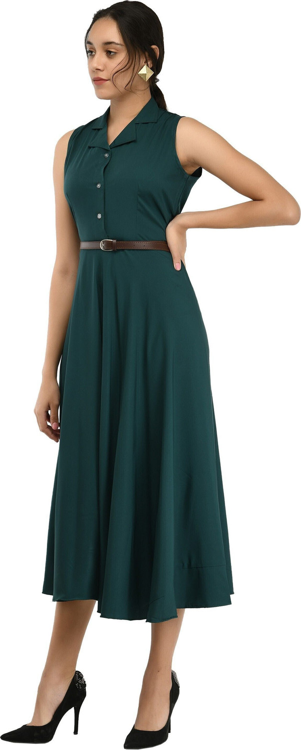 Image of Rudraaksha Women Fit and Flare Green Below Knee Dress With Mask