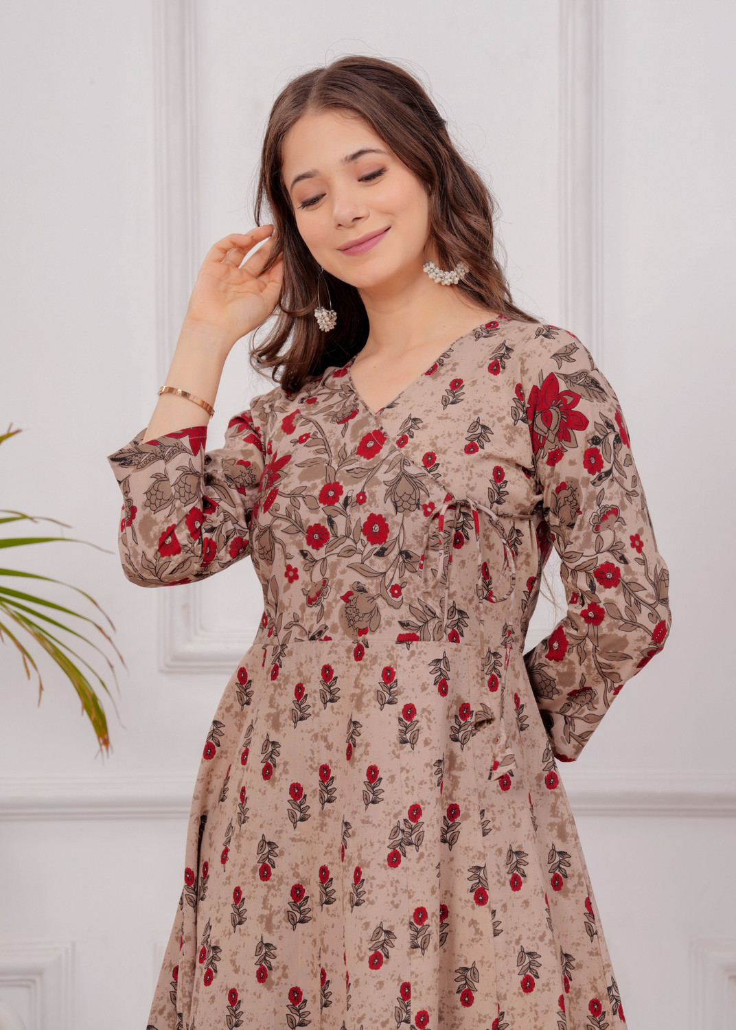 Image of Gustofab Women Fit and Flare Brown Maxi /Full Length Dress