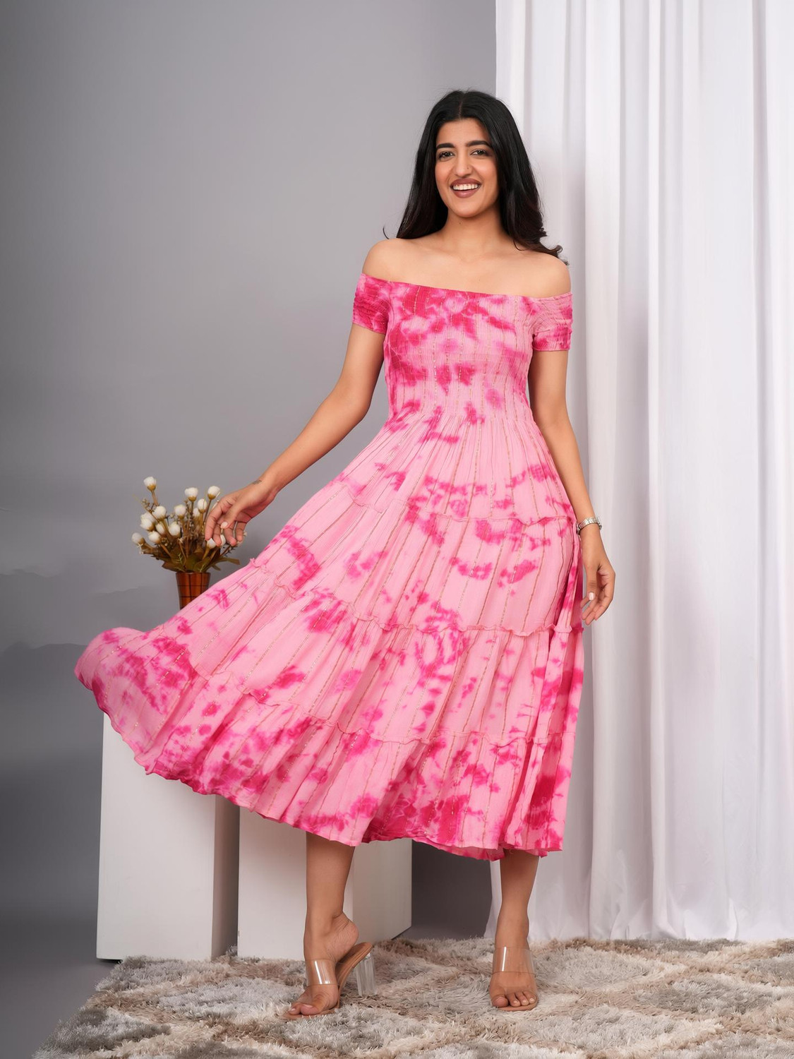 Image of VYMO Women Fit and Flare Pink Midi /Calf Length Dress