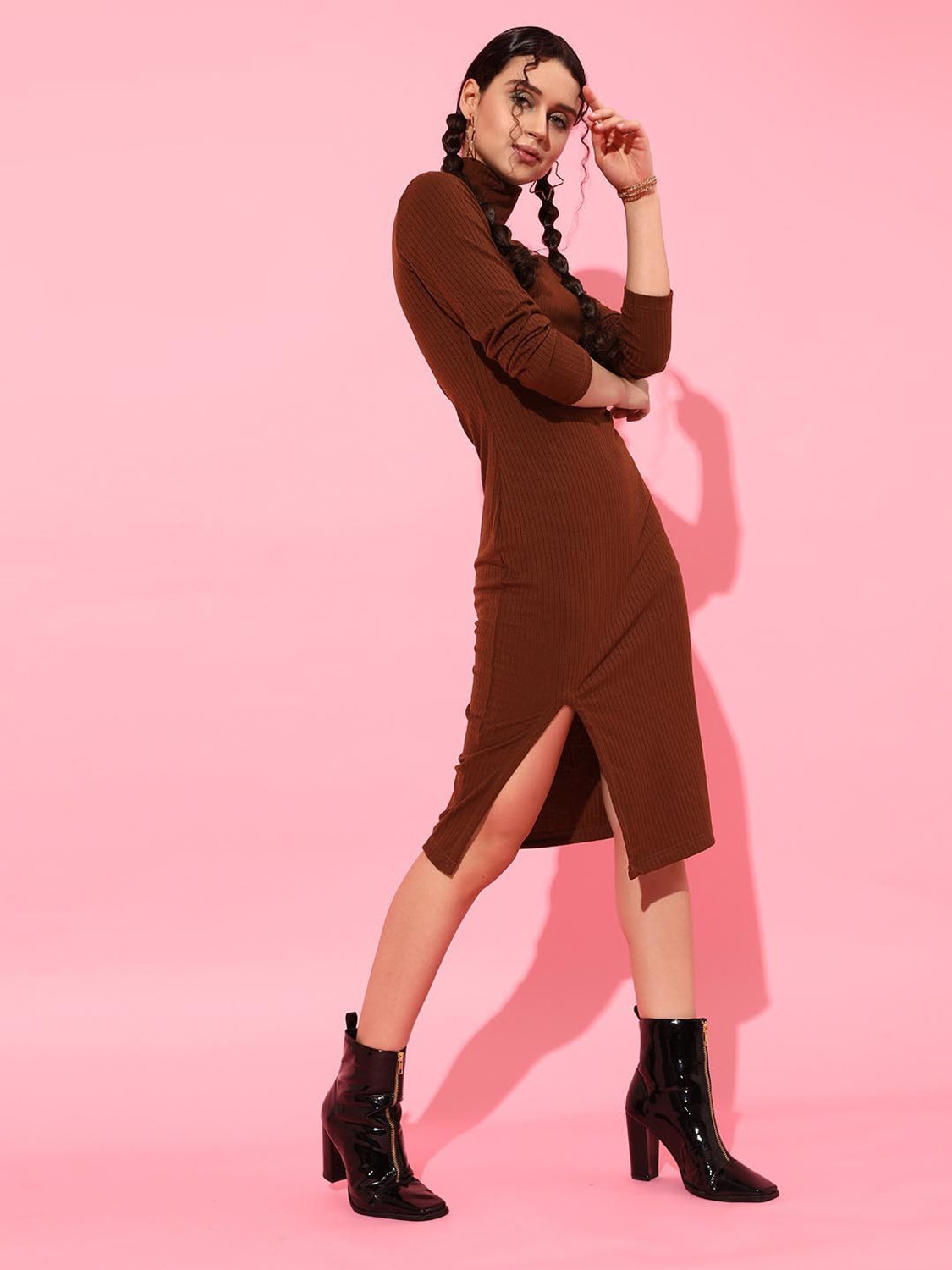 Image of STREET9 Women Peplum Brown Knee Length Dress