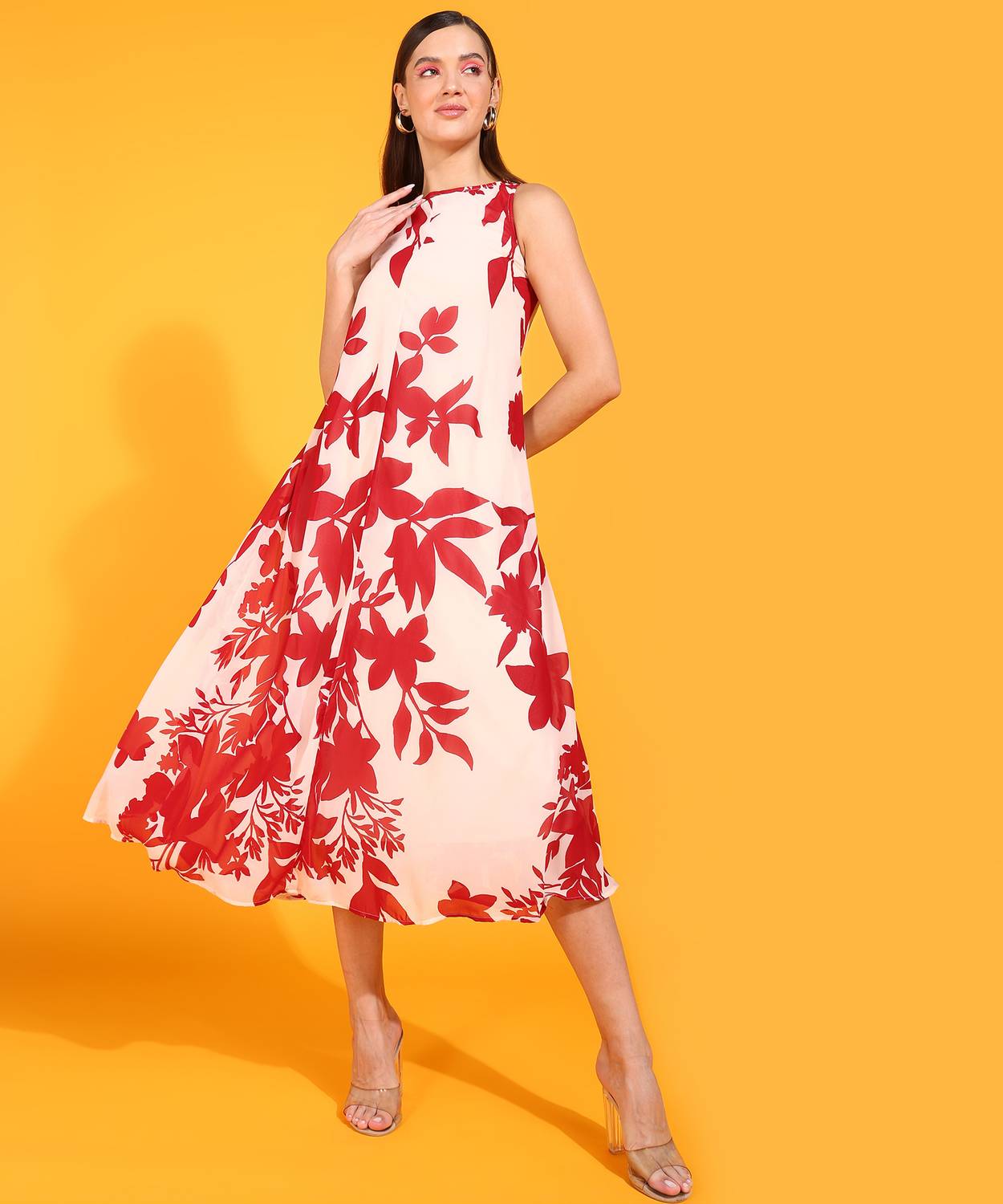 FashFun Women Fit and Flare Beige, Red Below Knee Dress