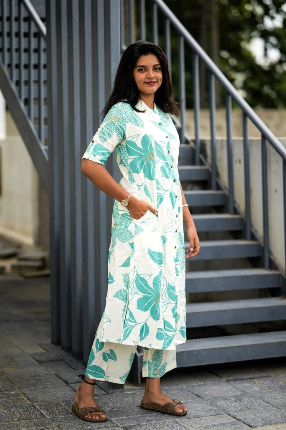 Image of Pasovi Women Two Piece Dress Green, White Knee Length Dress