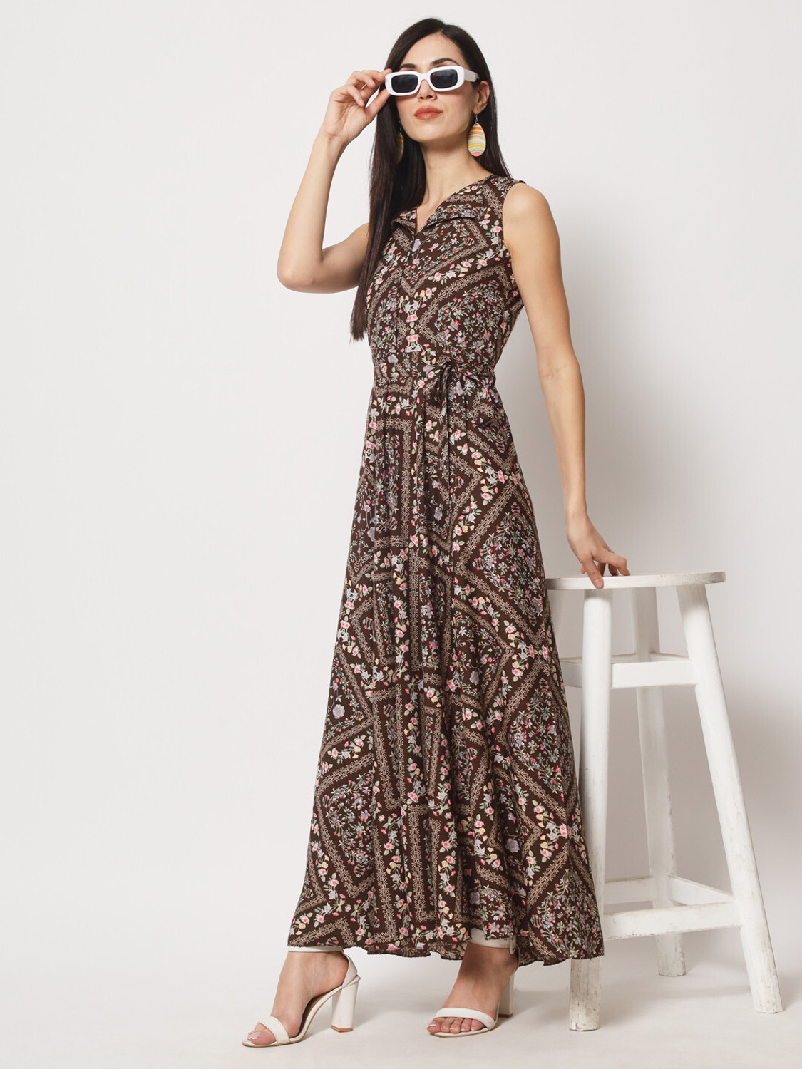 Image of Rudraaksha Women A-line Brown Maxi /Full Length Dress