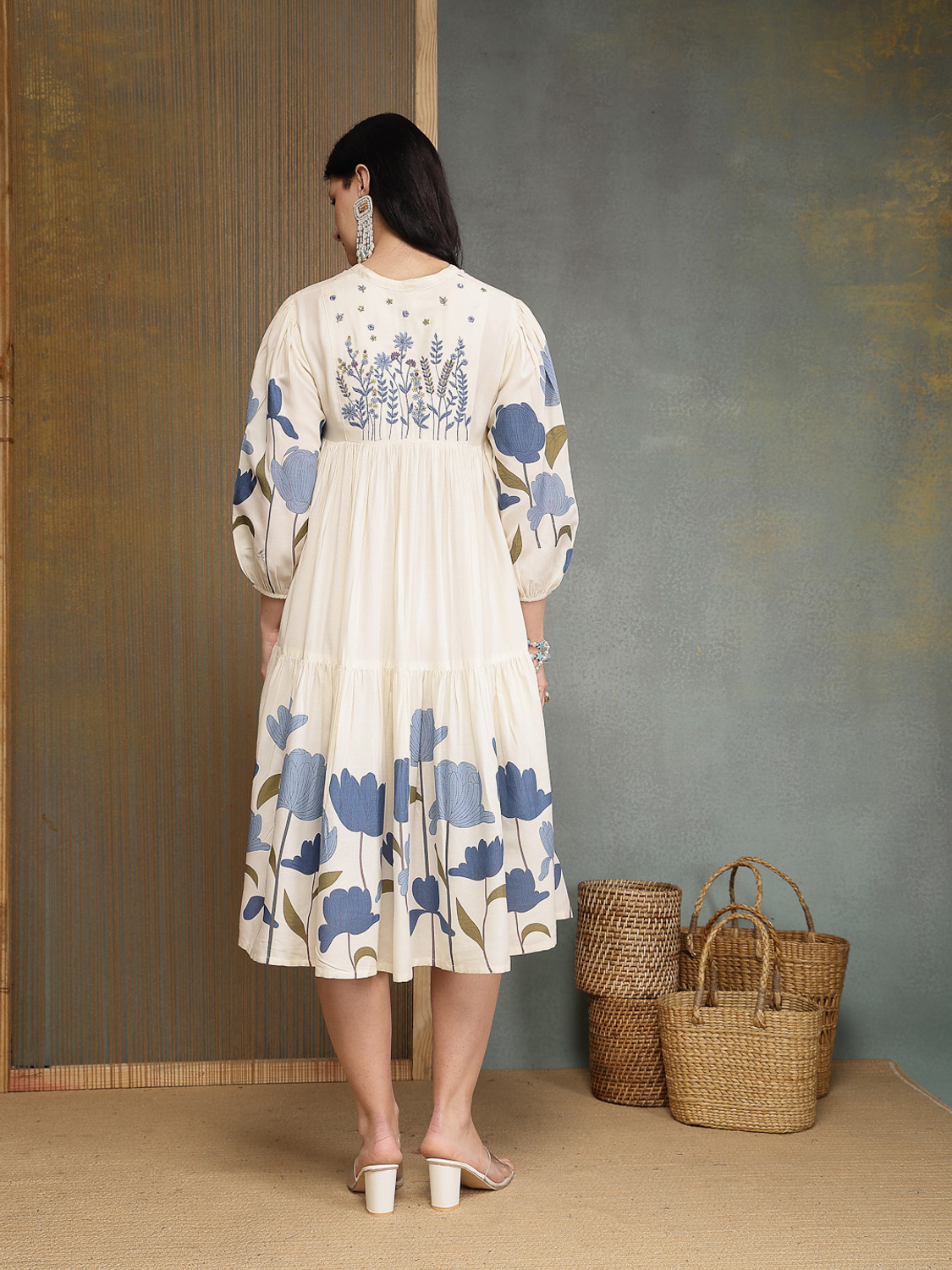 Image of Stylum Women Tiered Blue, Beige Knee Length Dress