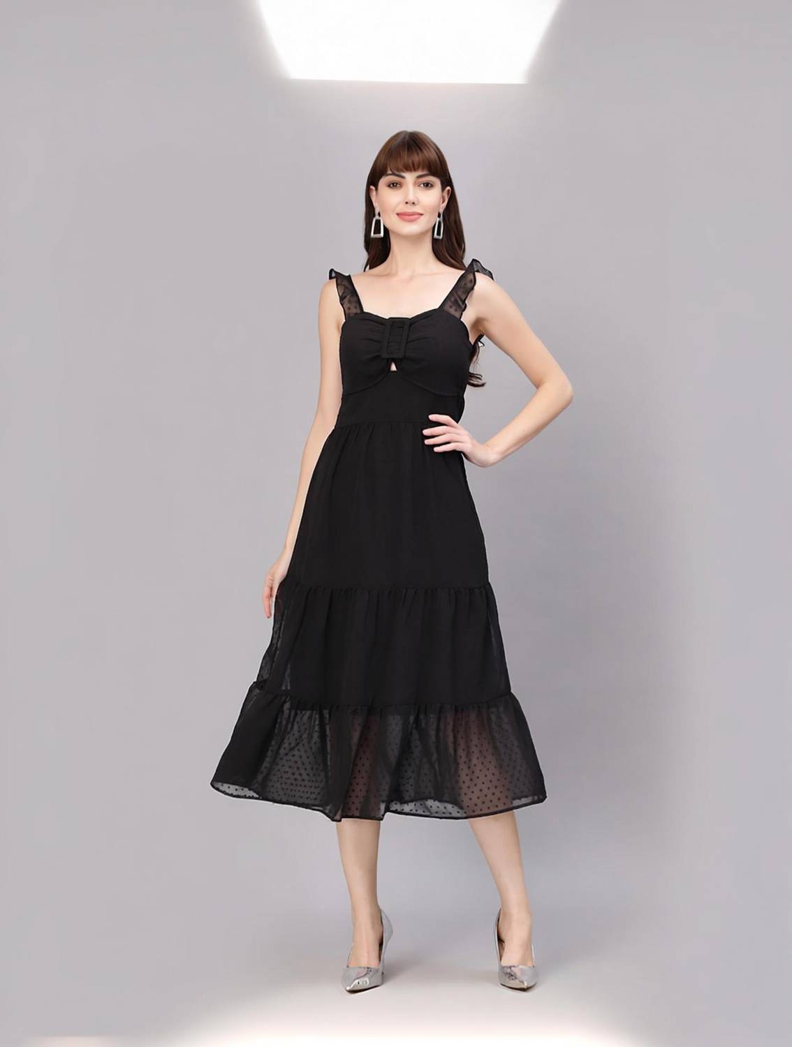 AAYU Women Ruffled Black Midi/Calf Length Dress