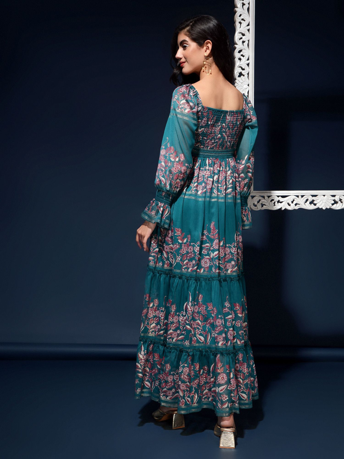 Image of HouseOfCommon Women Fit and Flare Green Maxi /Full Length Dress
