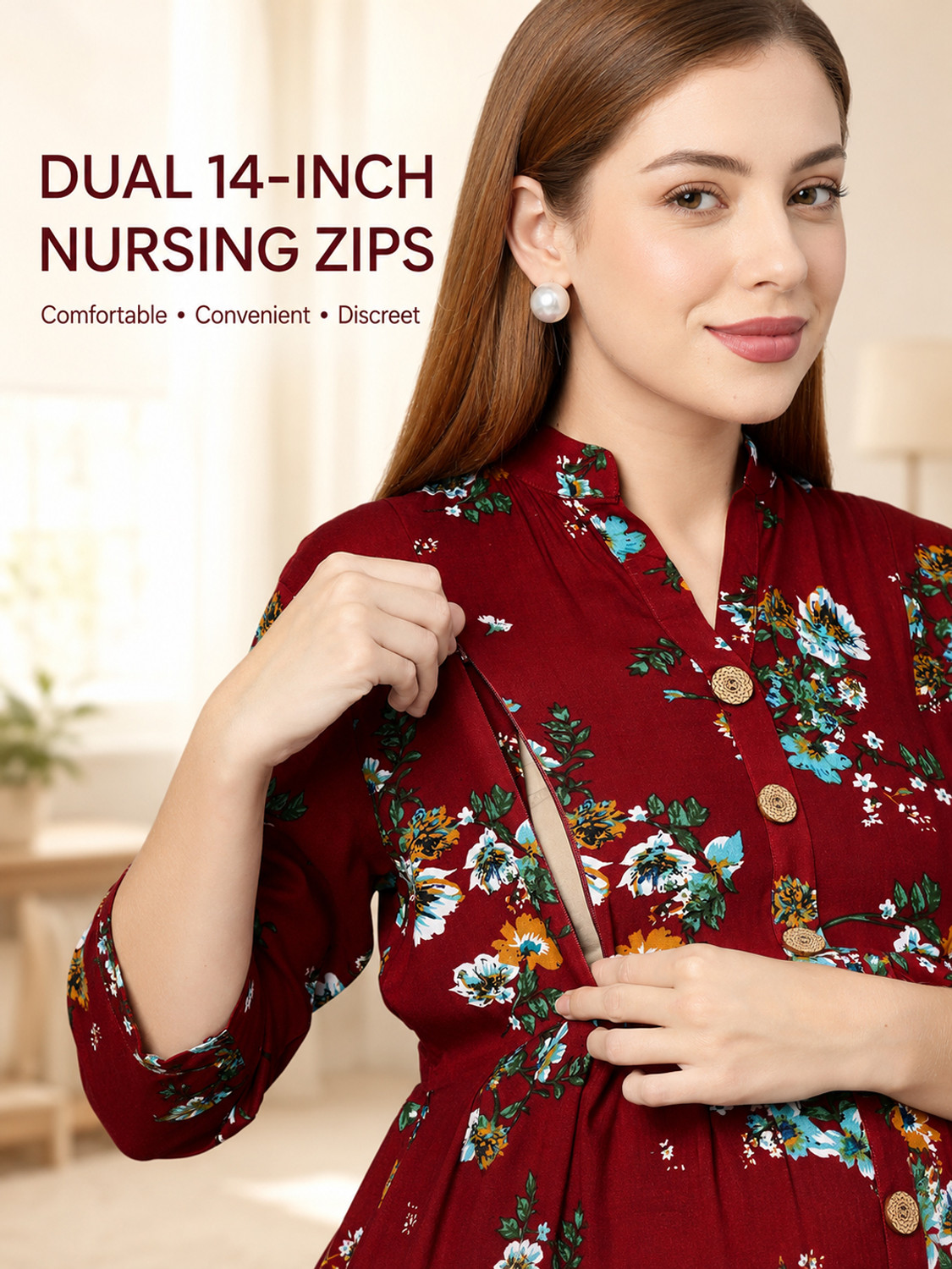 Image of MomToBe Women Fit and Flare Maroon Midi /Calf Length Dress