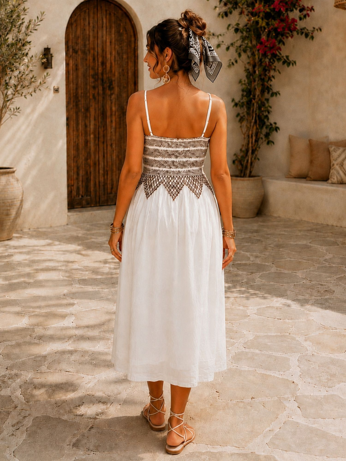 Image of NUEVOSDAMAS Women Fit and Flare White, Brown Midi /Calf Length Dress