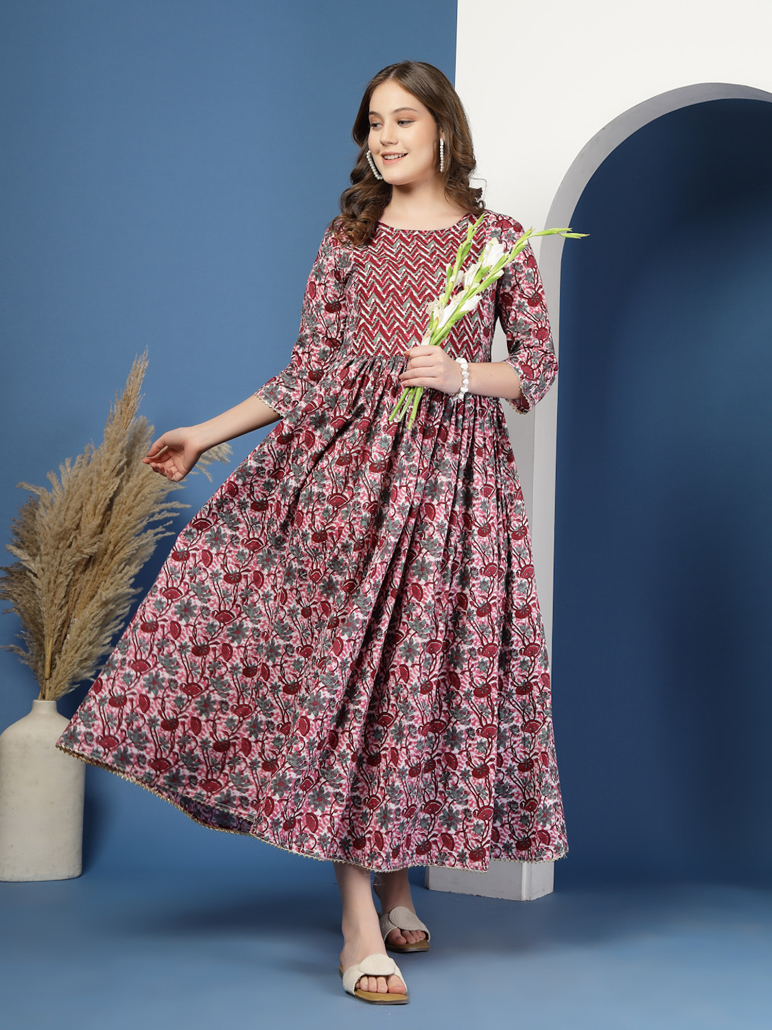 Image of METRONAUT Women Fit and Flare Multicolor Ankle Length Dress