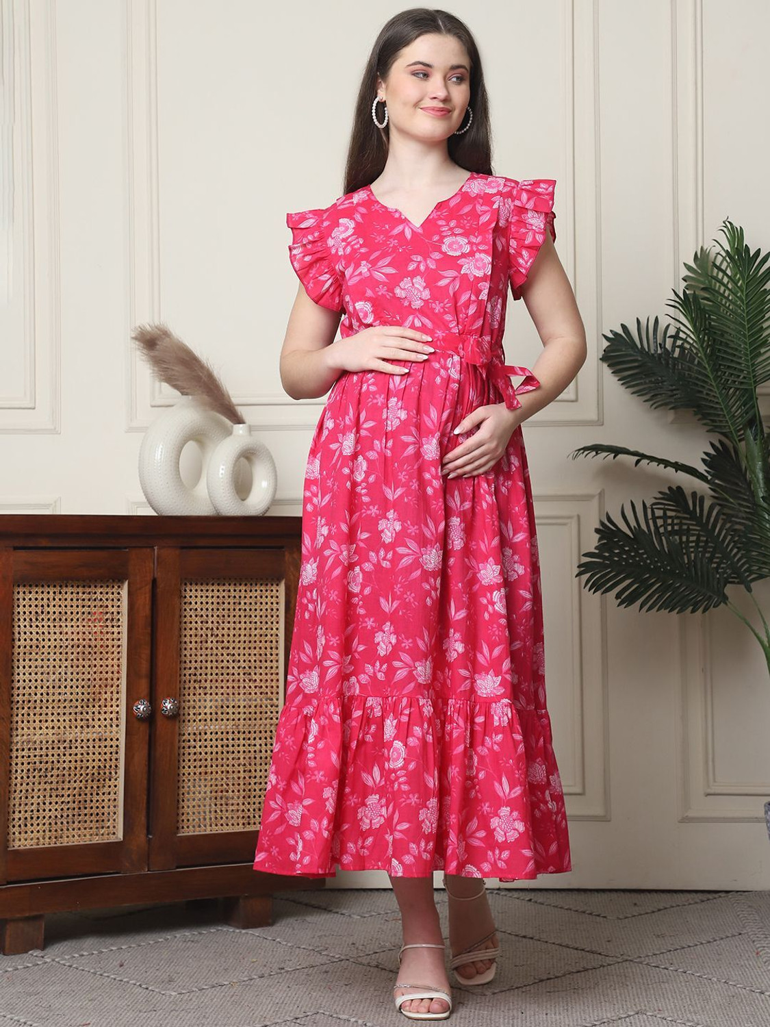 Image of FREMPY Women Fit and Flare Pink Midi /Calf Length Dress