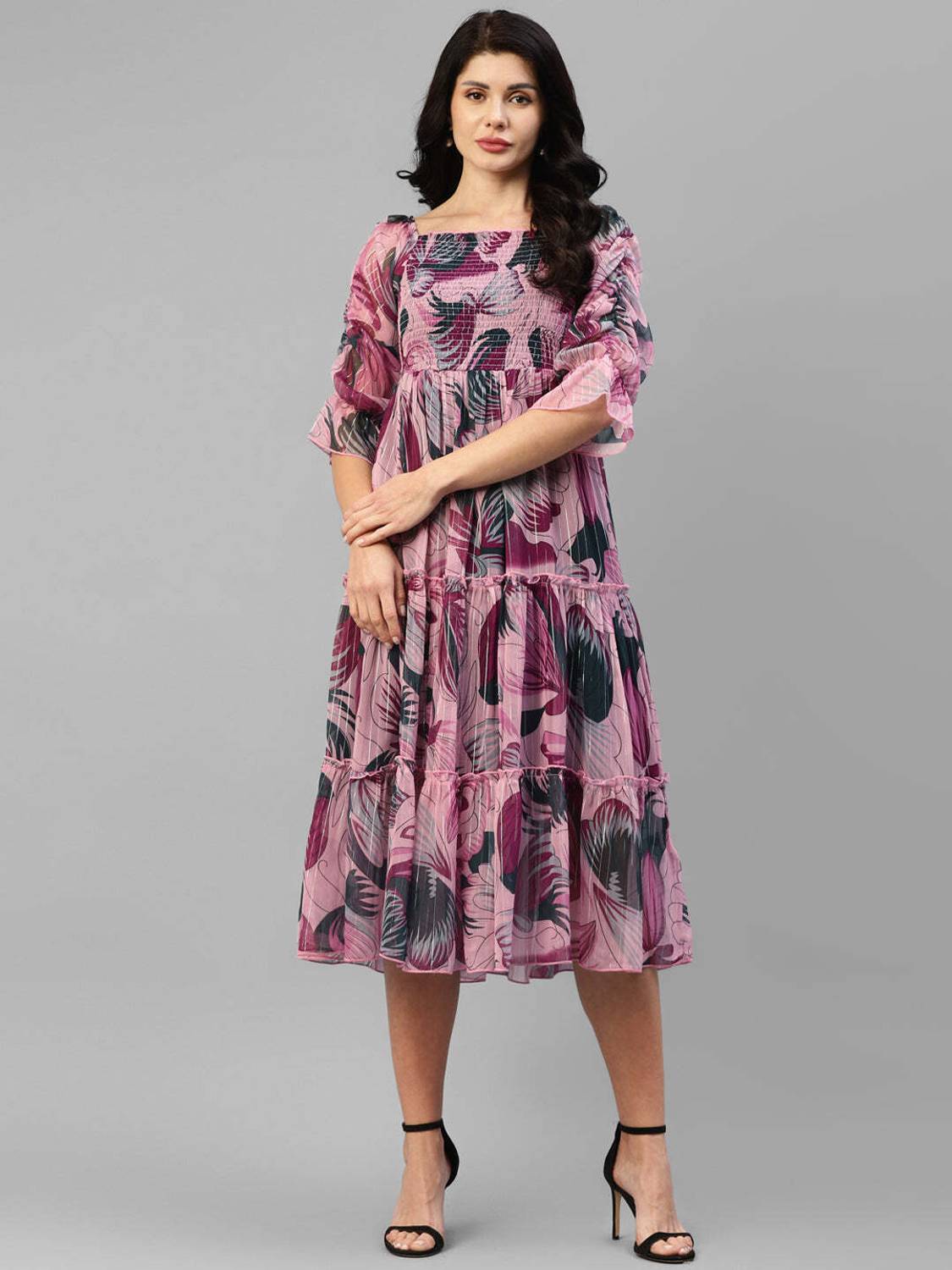 starword Women Fit and Flare Pink Below Knee Dress
