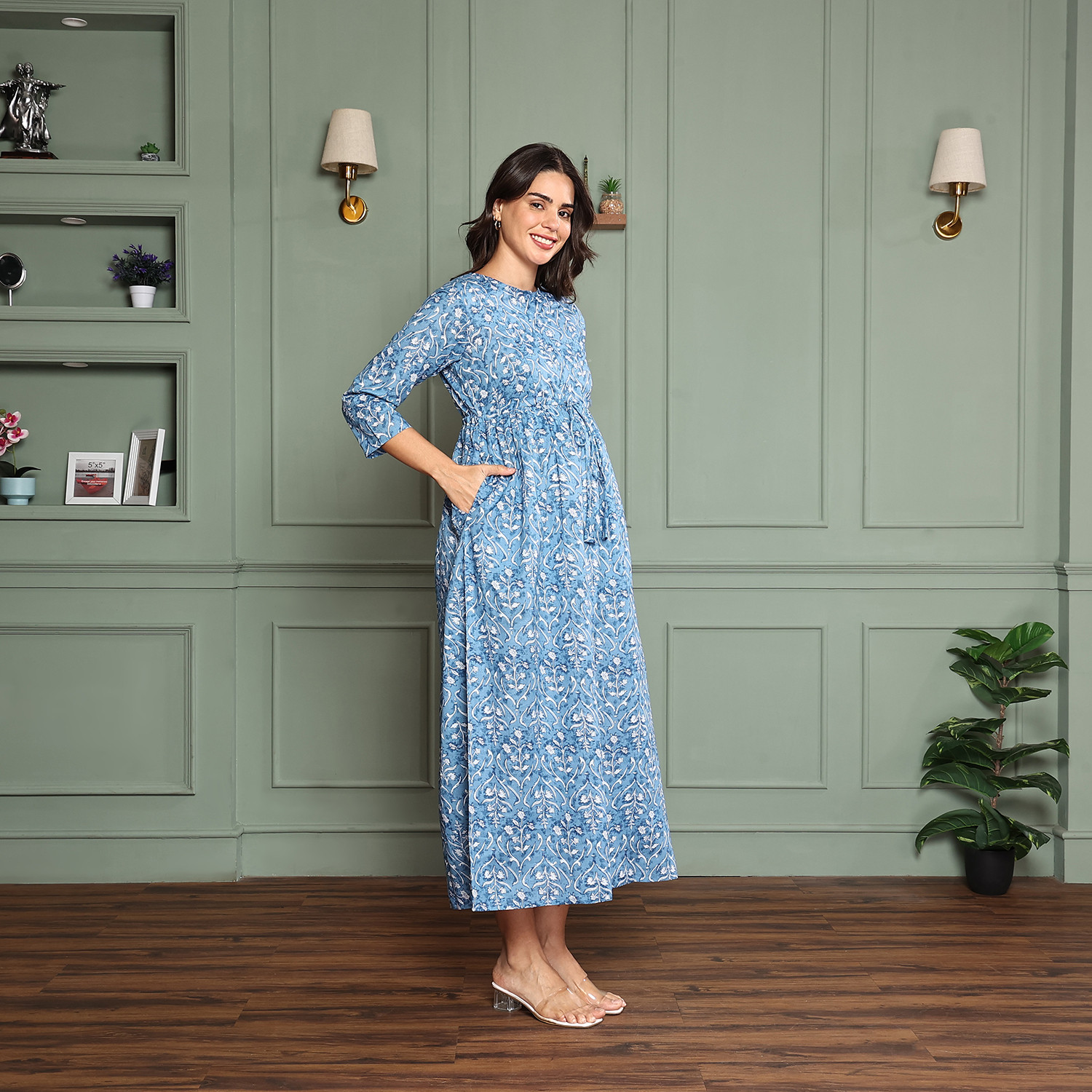 Image of MomToBe Women Fit and Flare Blue Midi /Calf Length Dress