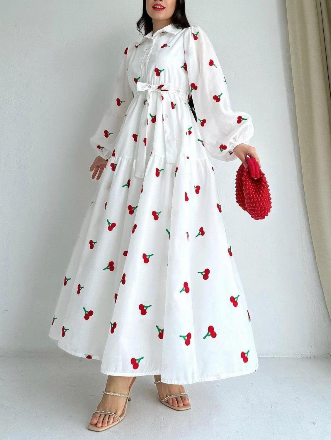 Image of SIRROWFAB Women Fit and Flare White, Red Maxi /Full Length Dress