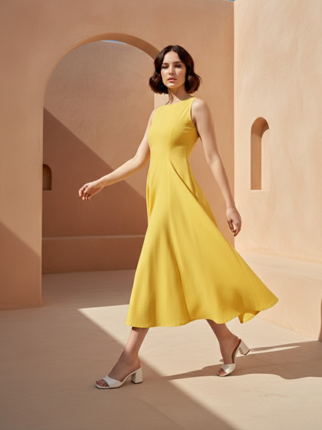 Image of PURVAJA Women Fit and Flare Yellow Below Knee Dress