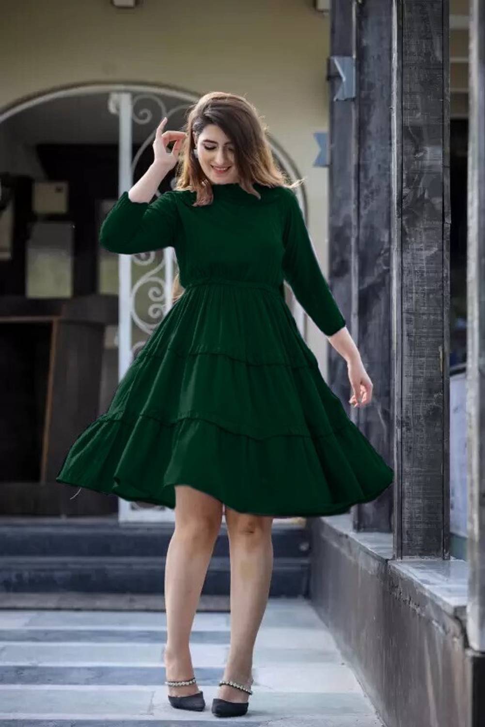 bottle green dress for women Betsy | Bottle Green High-Neck Maxi Dress With Front Split And Ruched Detailing main image 0