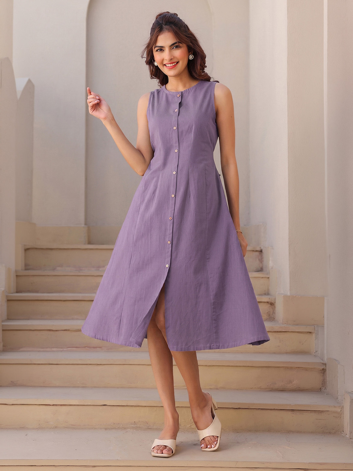 Image of Janasya Women A-line Purple Midi /Calf Length Dress