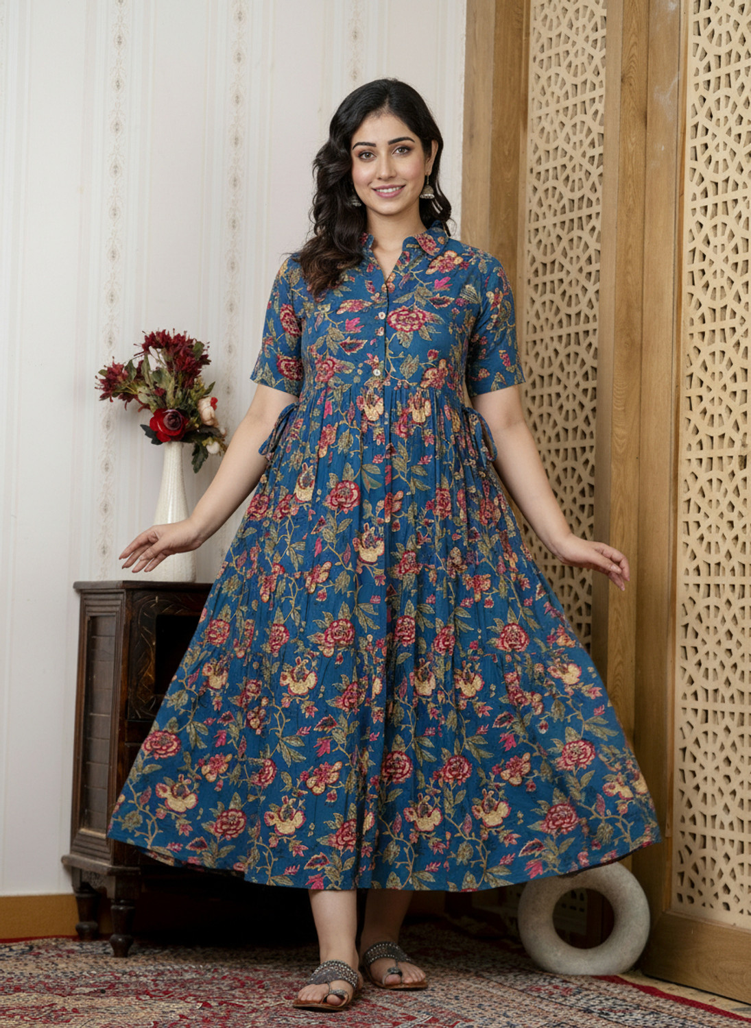 Image of Mialo fashion Women Fit and Flare Dark Blue Below Knee Dress