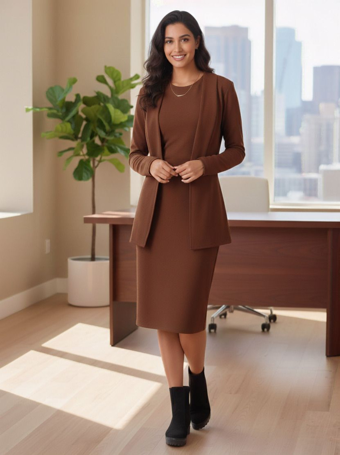Image of Dwarros Women Bodycon Brown Knee Length Dress