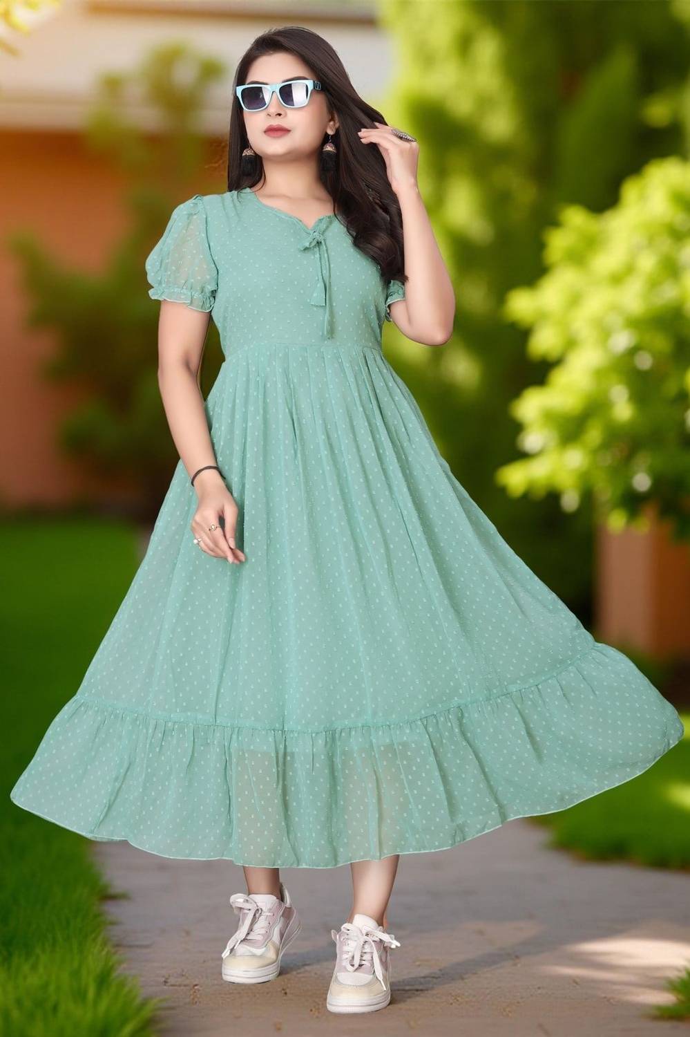 Maruti Nandan Impex Women Maxi Green Full Length Dress