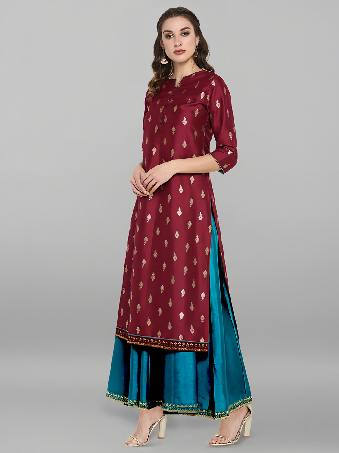 Image of Janasya Women A-line Maroon Midi /Calf Length Dress