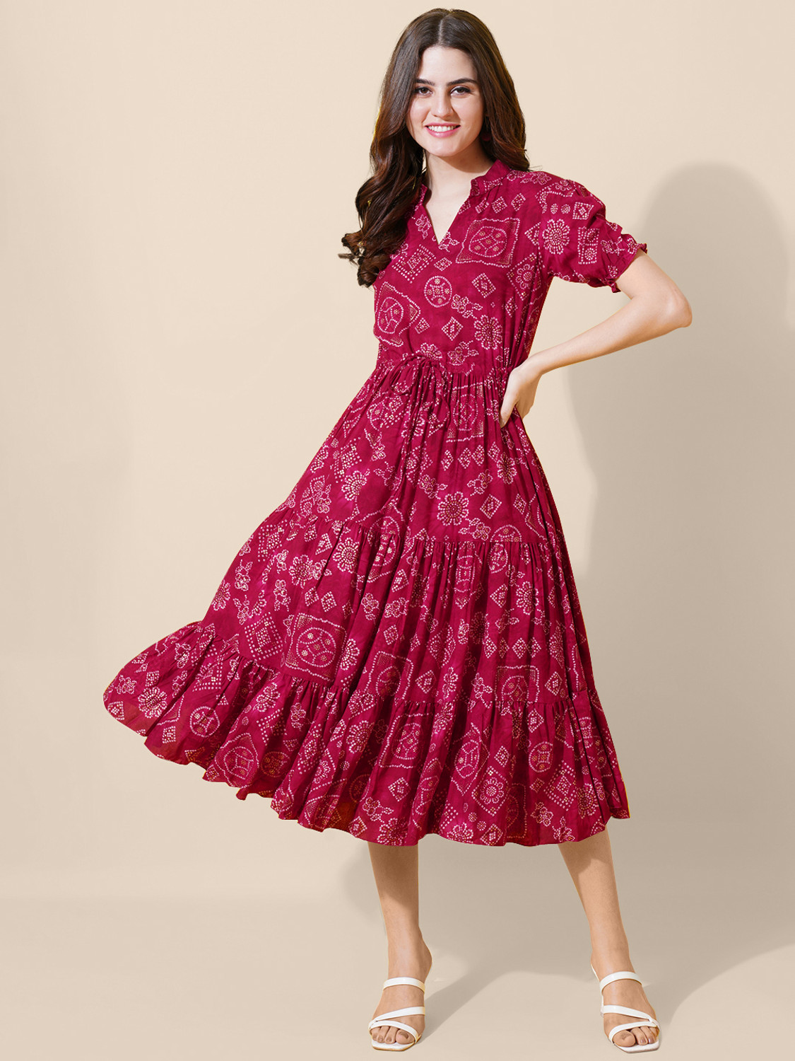 Image of flowervelly Women A-line Pink Below Knee Dress