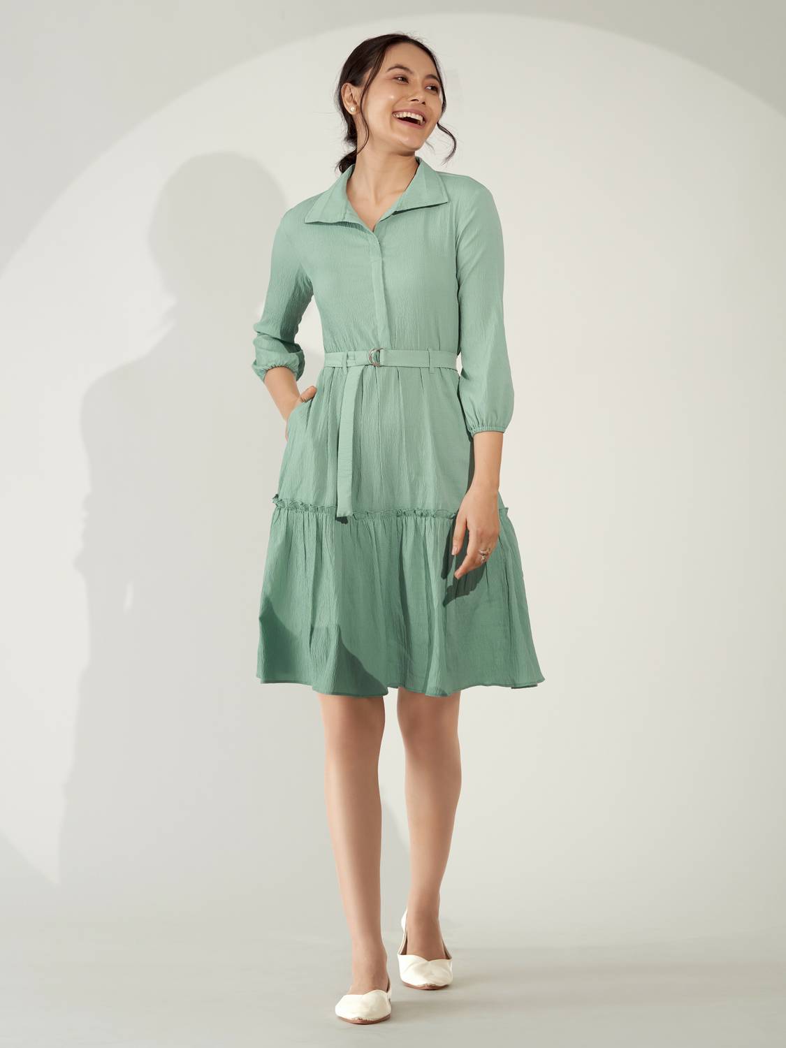 AASK Women Peplum Light Green Above Knee/Mid Thigh Length Dress