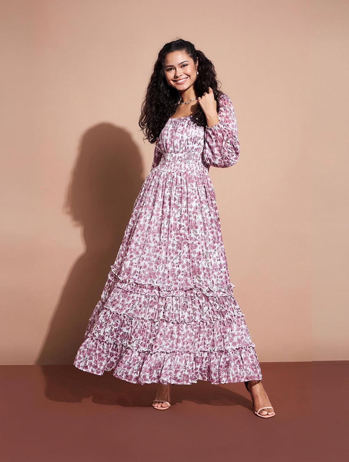 Image of Deewa Women Fit and Flare Purple, White Maxi /Full Length Dress