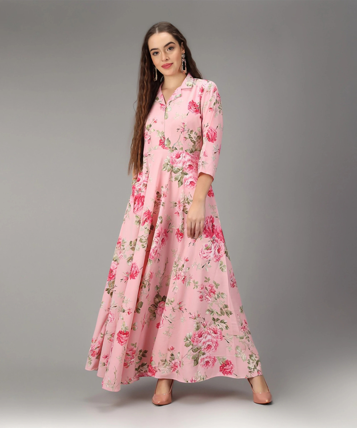 Image of Rudraaksha Women A-line Pink, Green Maxi /Full Length Dress