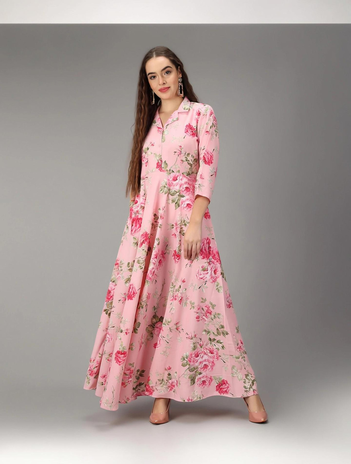 Image of Rudraaksha Women A-line Pink, Green Maxi /Full Length Dress