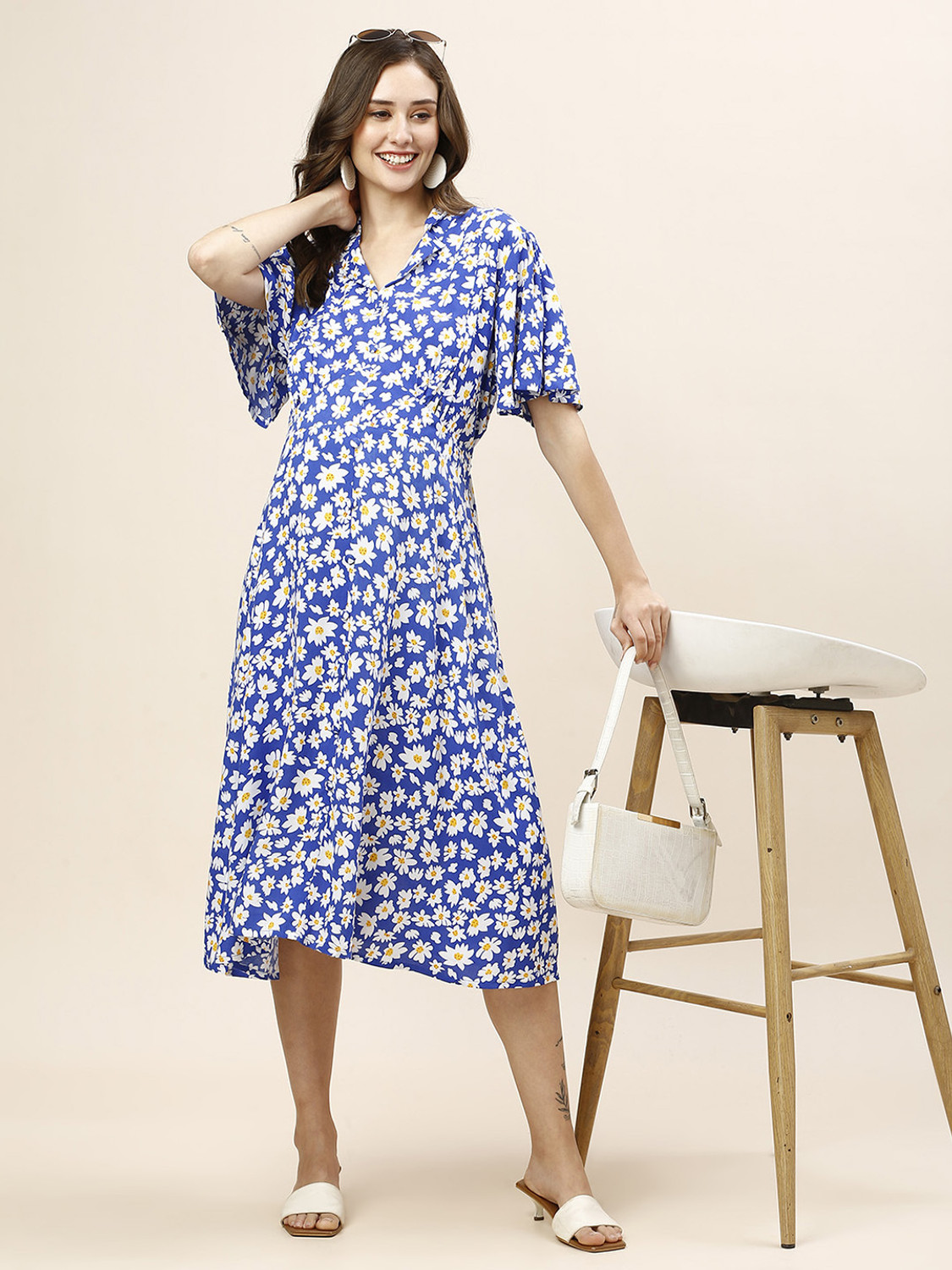 Image of MomToBe Women Fit and Flare Blue Midi /Calf Length Dress