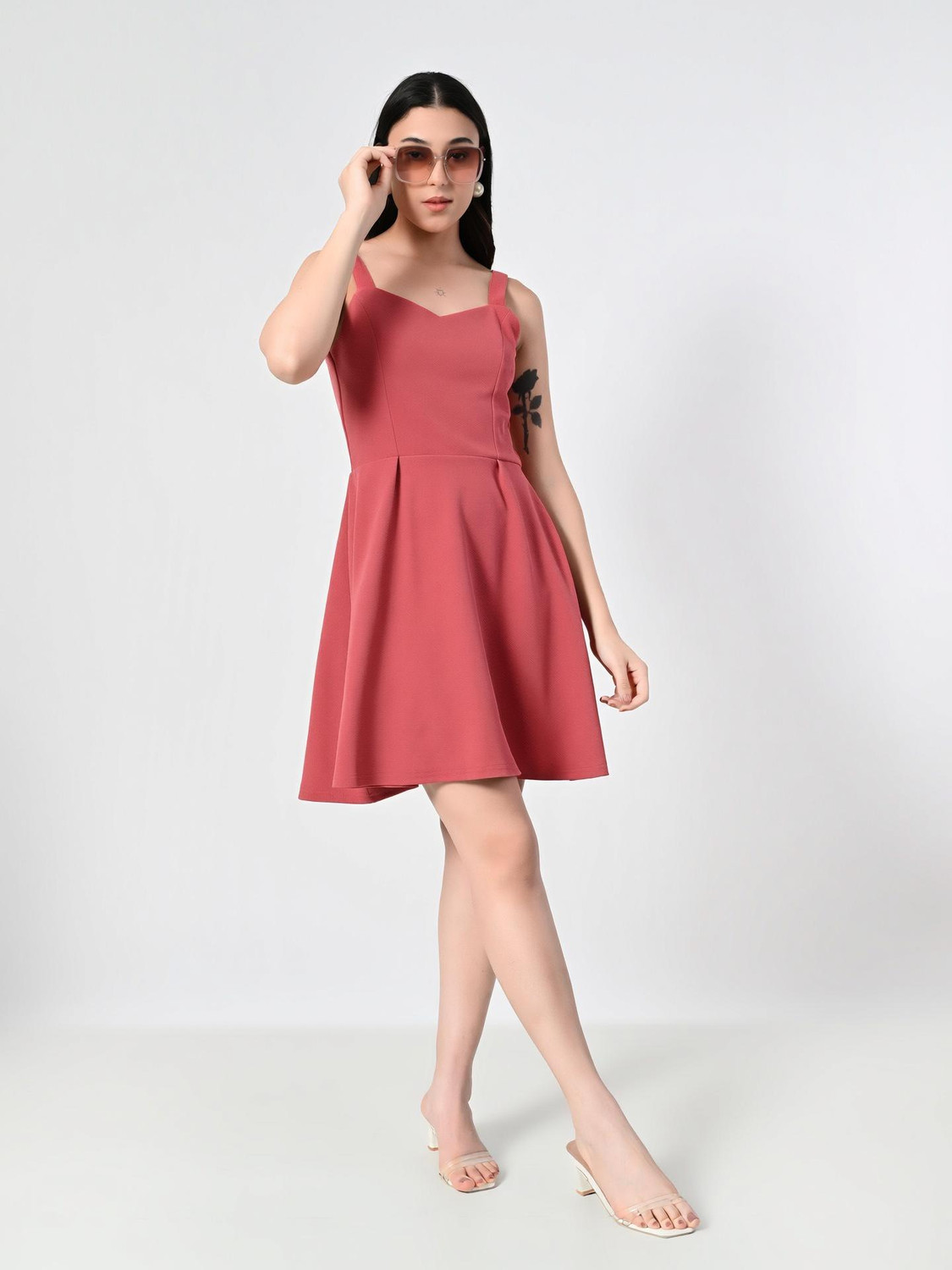 Image of OWL MINK Women Fit and Flare Pink Knee Length Dress