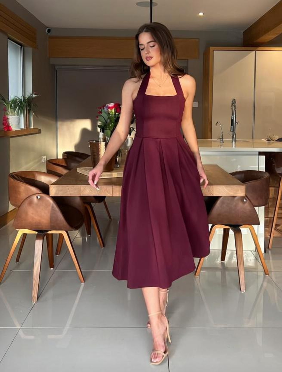 Image of Fashion Street London Women Fit and Flare Maroon Midi /Calf Length Dress
