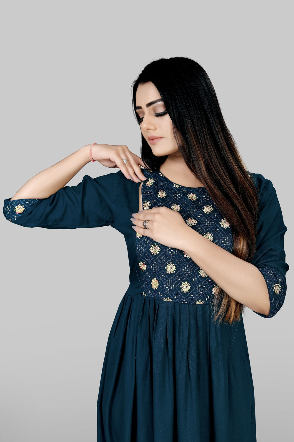Image of sheladiya Women Fit and Flare Blue Midi /Calf Length Dress
