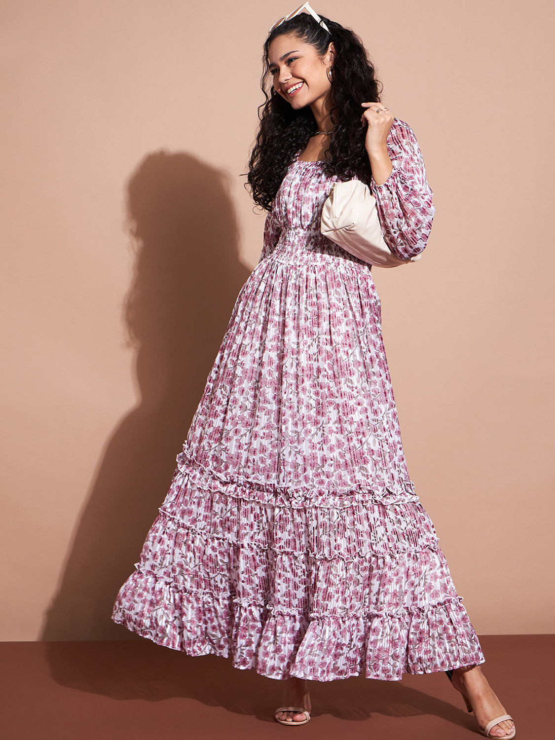 Image of Deewa Women Fit and Flare Purple, White Maxi /Full Length Dress