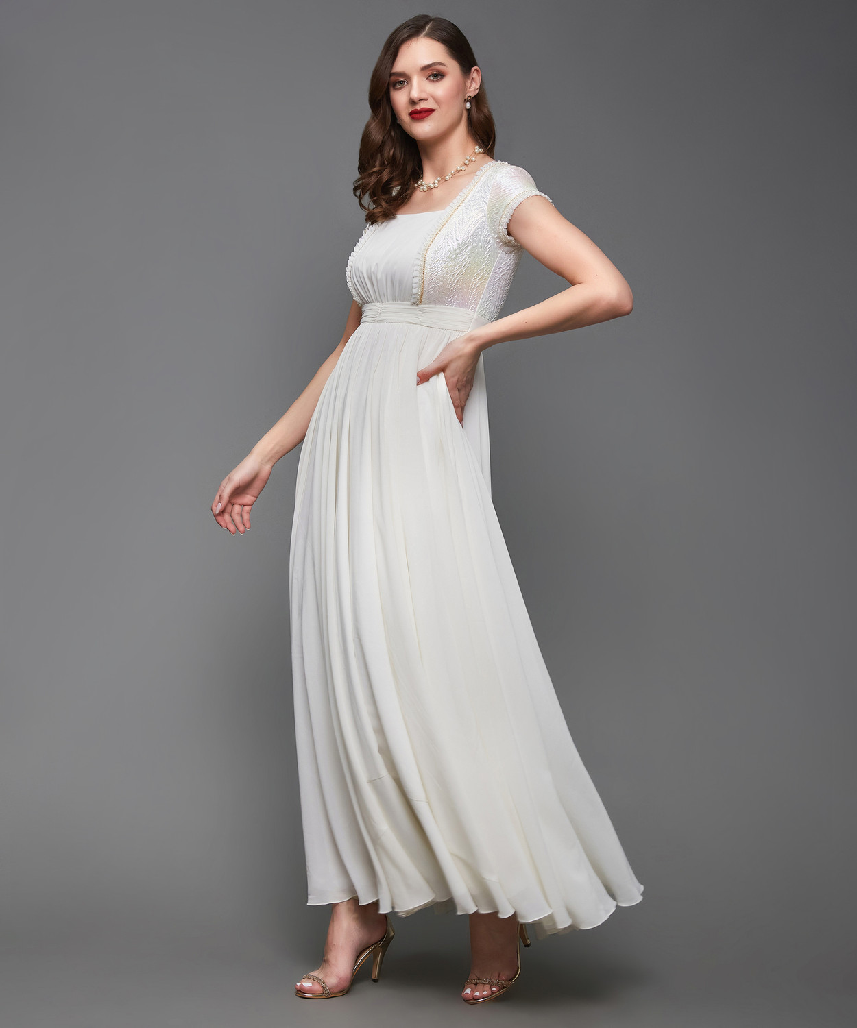 Image of Miss Chase Women Gathered White Maxi /Full Length Dress